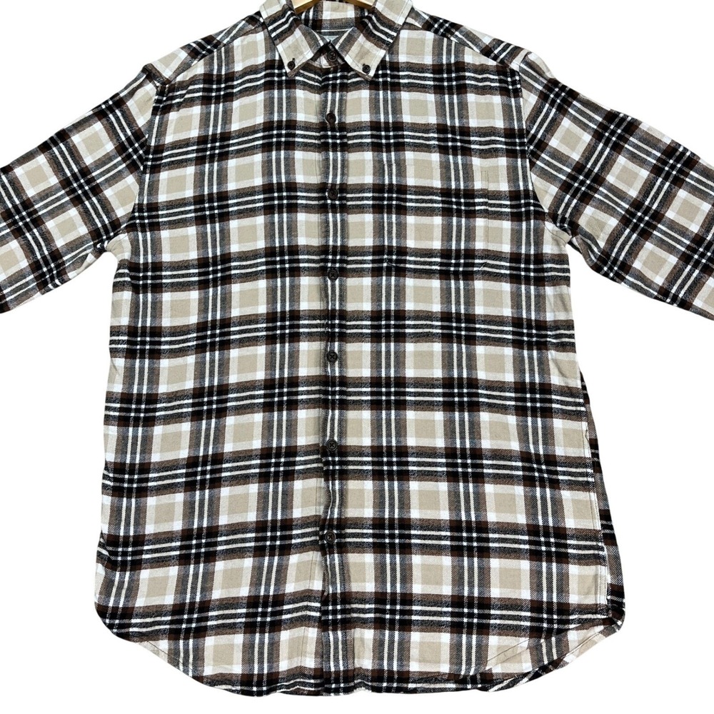 Croft Barrow Button Down Shirt Mens Small Beige Black Brown Plaid Flannel EUC